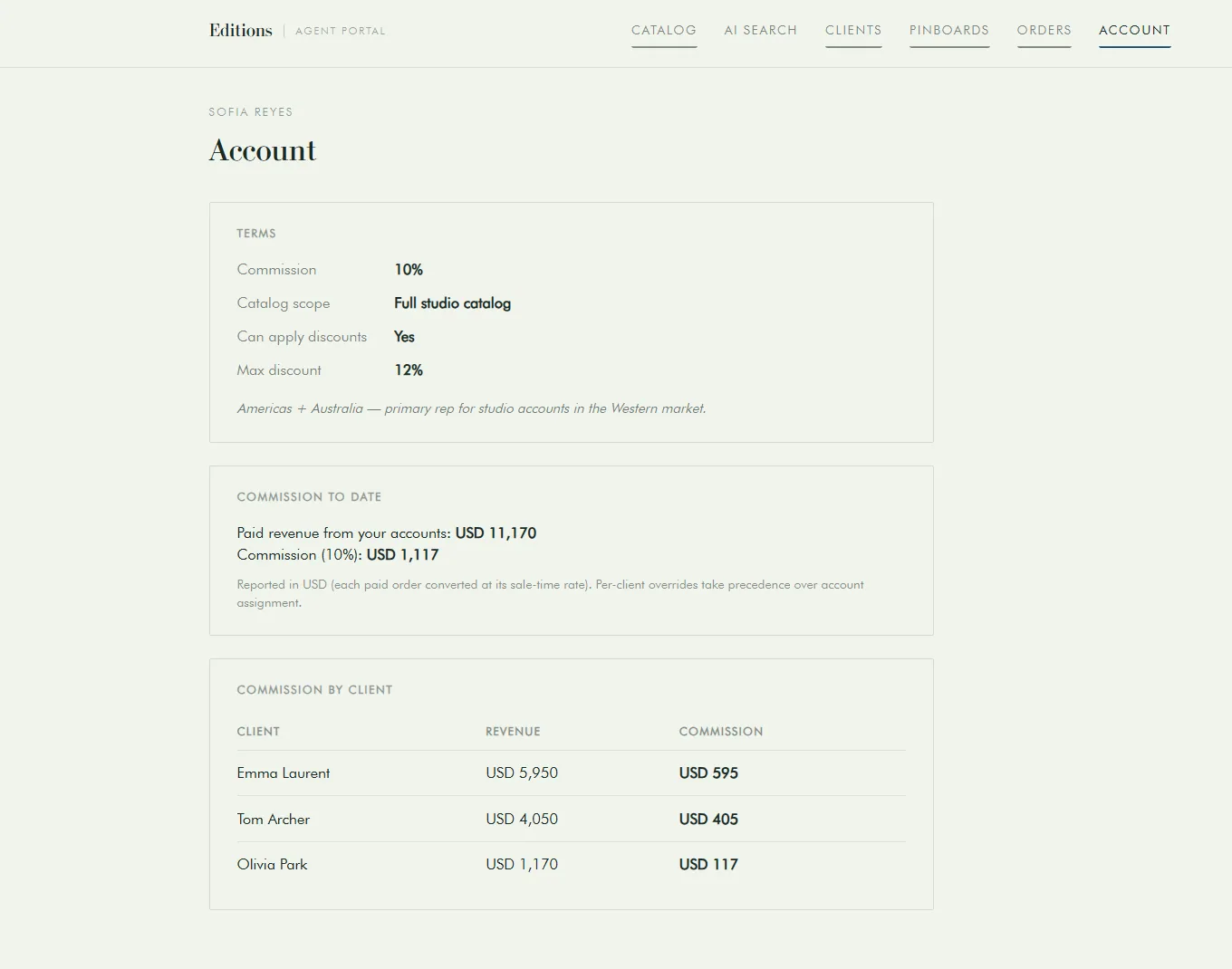 An agent's account tab in their RapportFront portal: commission terms, paid revenue to date, and a per-client commission breakdown.