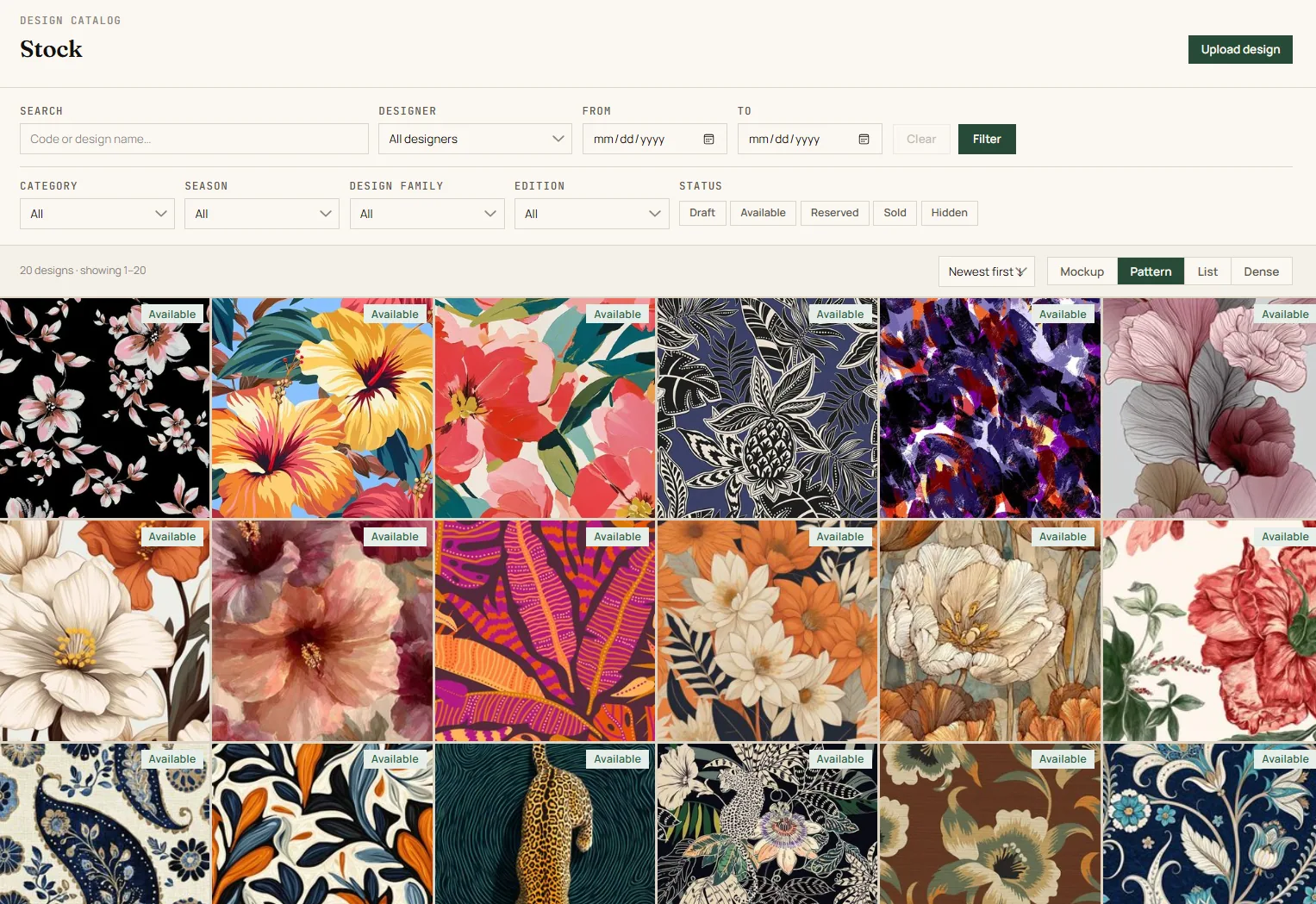 A migrated design catalog on RapportFront — a grid of tagged, available prints with search, designer, season and status filters, ready to publish.