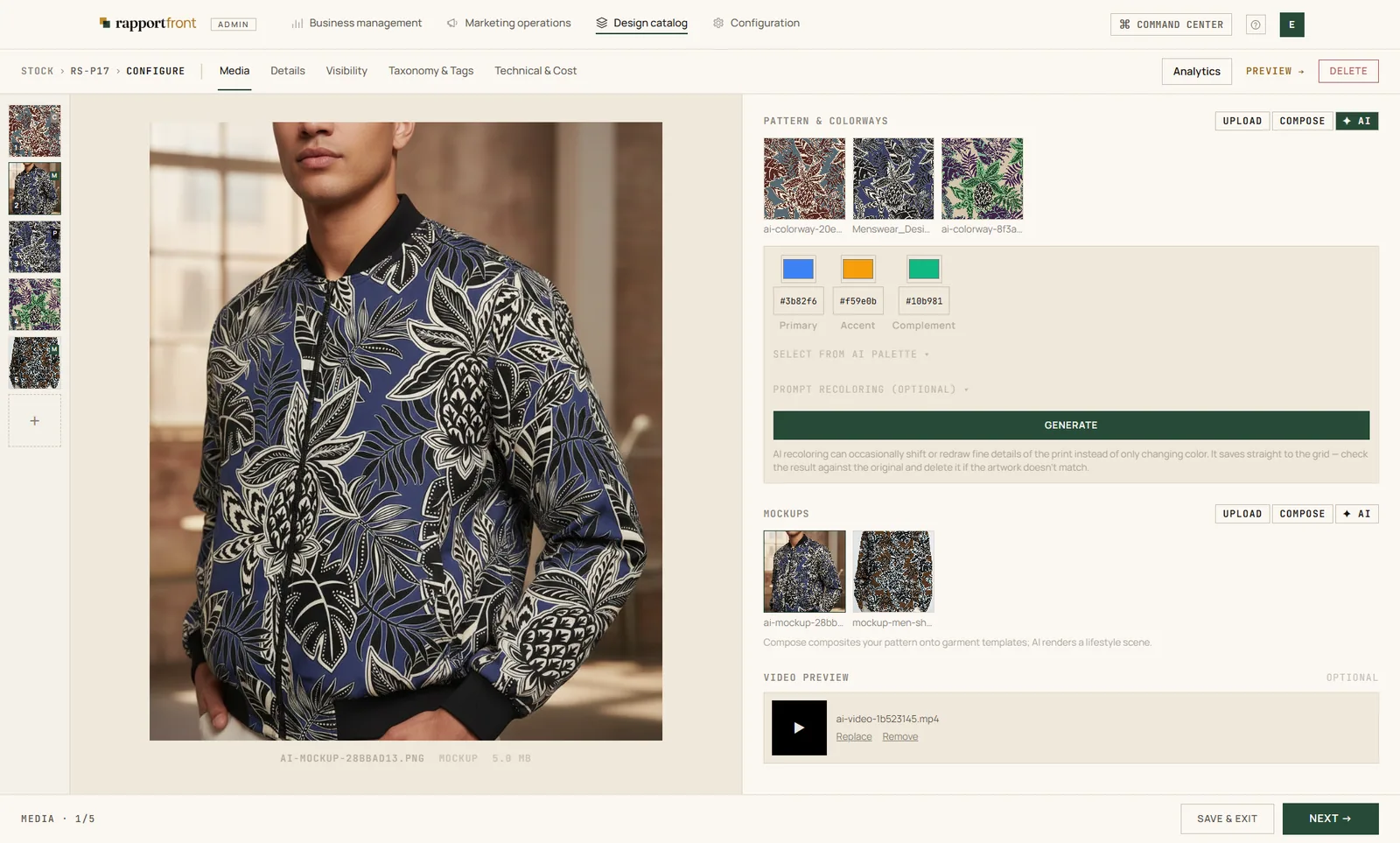 RapportFront's AI configure screen: pattern colorways, a live garment mockup, and an AI video preview — generated in-platform, included in every plan.