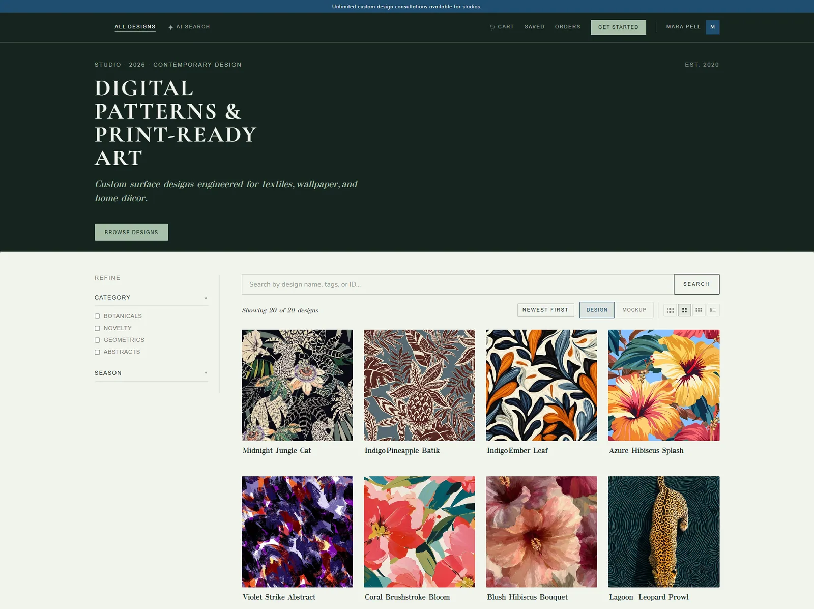 The same RapportFront storefront themed dark and editorial for one studio.